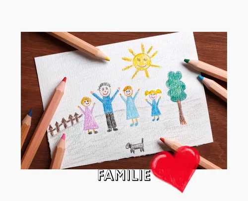 Child's drawing of family with pencils.