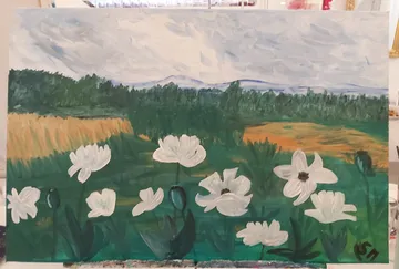 White flowers in a painted landscape setting.