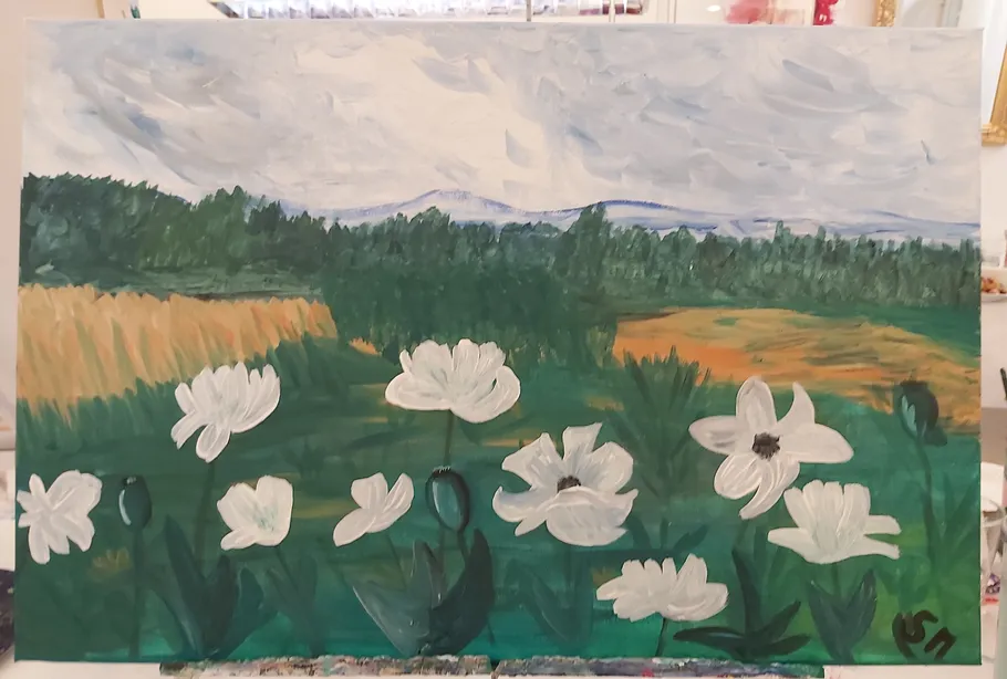 White flowers in a painted landscape setting.