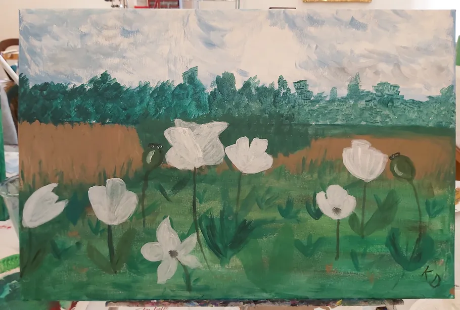 Painting of white flowers in grassy field.