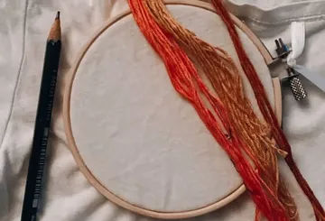 Embroidery hoop with threads on fabric.
