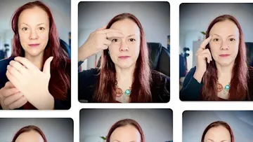 Woman demonstrating facial exercises in various poses.