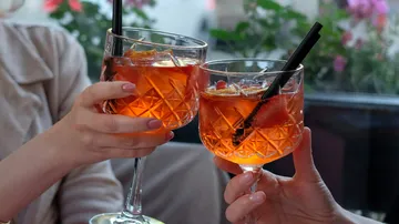 Two people clinking glasses with orange drinks.