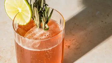 Glass of pink drink with lime, rosemary garnish.