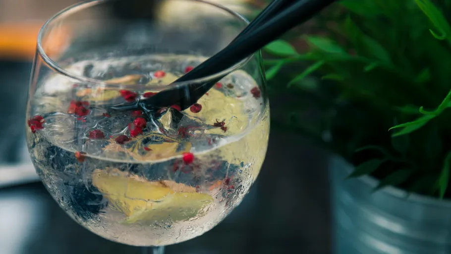 Gin and tonic garnished with peppercorns and ginger.