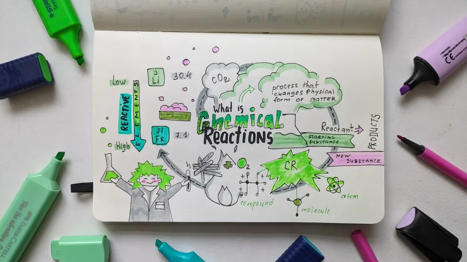 Notebook page with chemical reactions doodles.