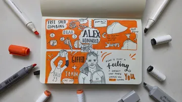 Colorful sketchbook page with climbing and training themes.