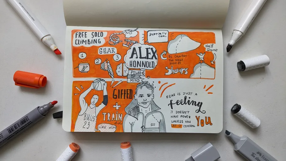 Colorful sketchbook page with climbing and training themes.