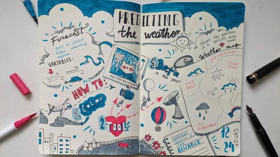 Illustriertes Notizbuch zur Wettervorhersage.