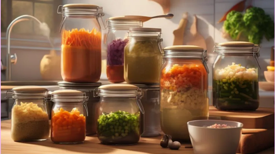 Jars with vegetables on a kitchen counter.