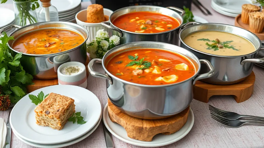Three soup pots on a table, garnished dishes.