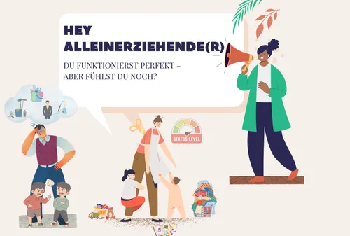 Person mit Megafon spricht gestressten Elternteil an.