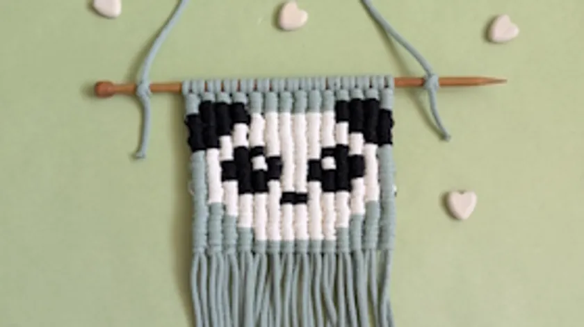 Macrame panda on green background, heart accents.