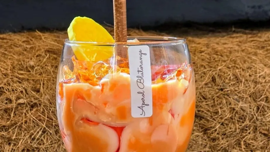 Orangener Cocktail mit Eis und Fruchtgarnitur.