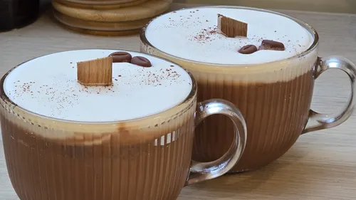 Zwei Cappuccinos mit Schaum und Schokoladentopping, innen.