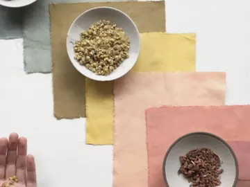 Bowls with ingredients lie on colorful fabric.
