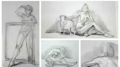 Vier Skizzen von menschlichen Figuren und Tieren.