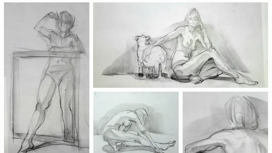 Vier Skizzen von menschlichen Figuren und Tieren.