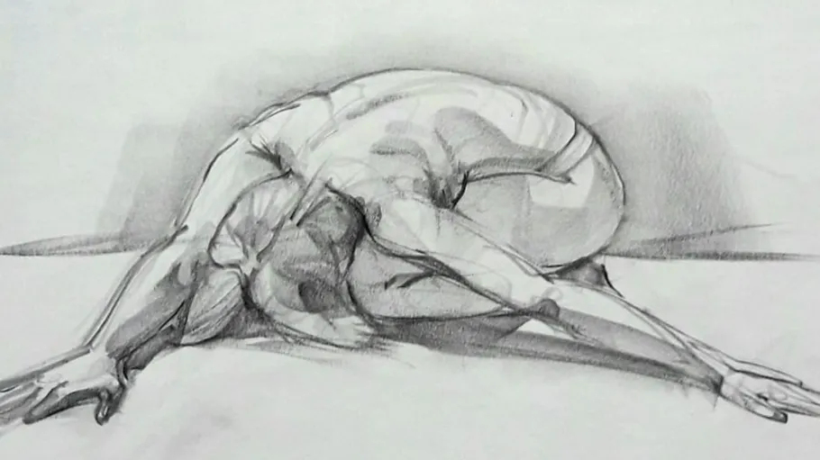 Sketch of person in a stretching pose.