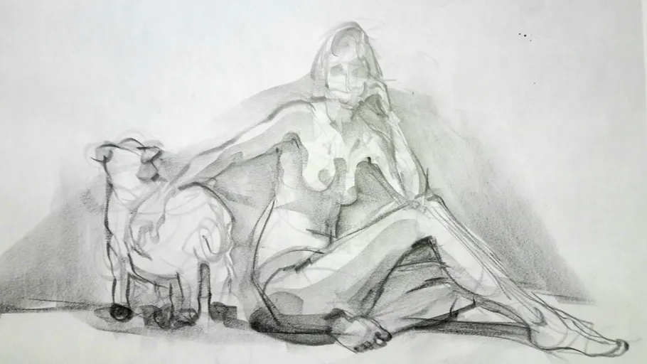 Skizze einer sitzenden Figur mit Hund.