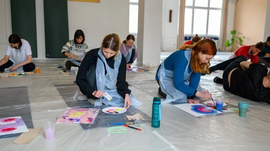 People painting on floor in art class.