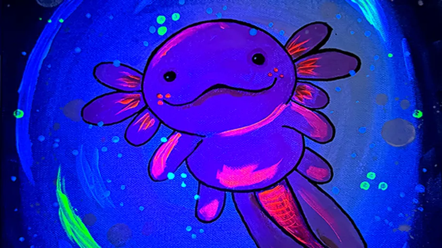 Bunte Axolotl-Illustration mit blauem Hintergrund.