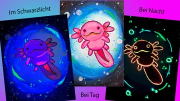 Drei Bilder eines bunten Axolotl-Gemäldes.