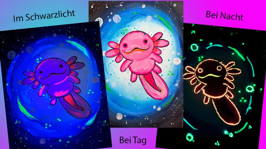 Drei Bilder eines bunten Axolotl-Gemäldes.