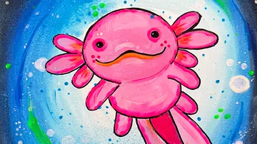 Rosa Axolotl schwimmt in buntem blauen Wasser.