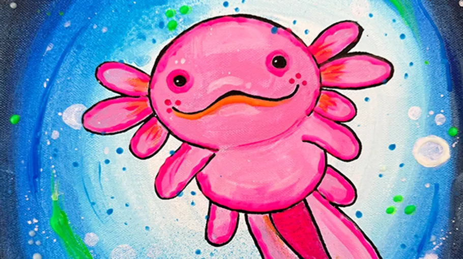 Rosa Axolotl schwimmt in buntem blauen Wasser.