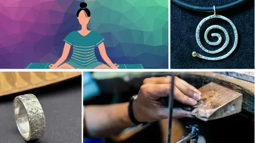 Collage: Meditation, Halskette, Ring, Schmuckherstellung.