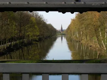 Blick auf einen Fluss zwischen laubtragenden Bäumen.