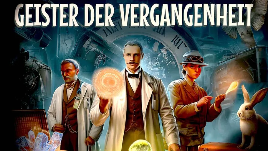 Drei Figuren mit wissenschaftlichen Instrumenten, mystische Umgebung.