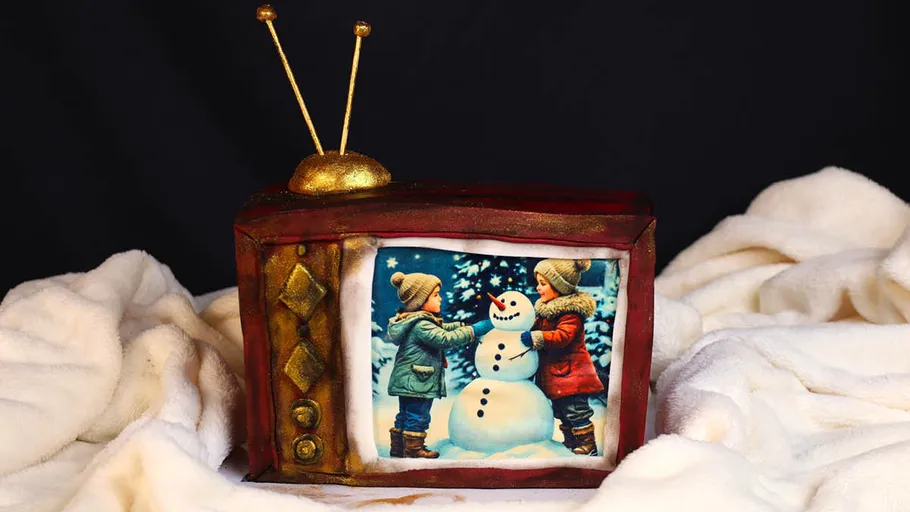 Vintage-TV-Kuchen zeigt Kinder mit Schneemann.