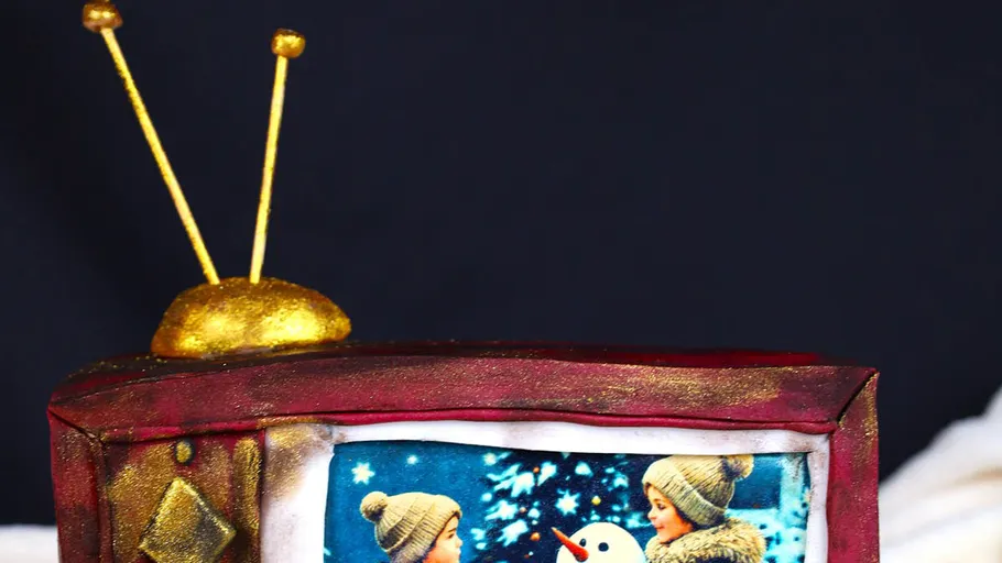 Cake shaped like retro TV with winter scene.