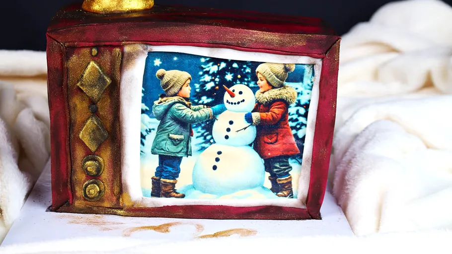 Zwei Kinder bauen Schneemann auf Vintage-TV-Kuchen.
