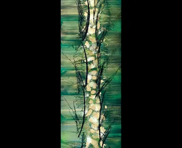 Abstract tree painting with green background.