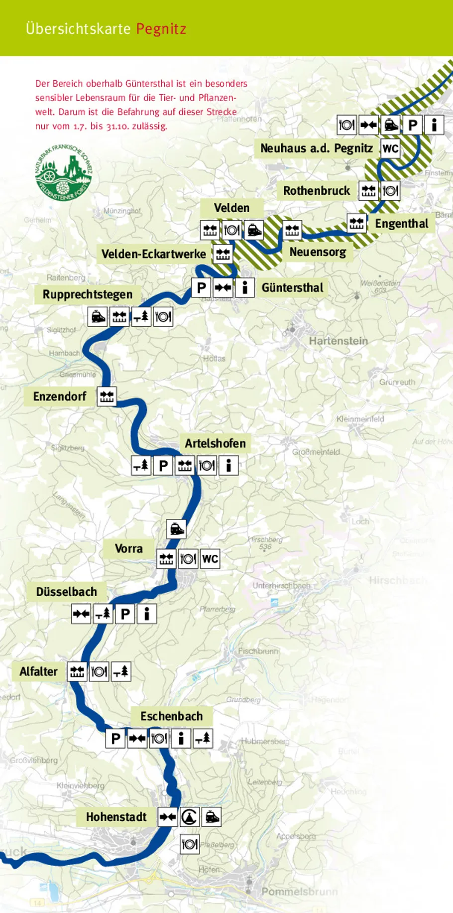 Karte zeigt Pegnitz-Fluss mit Sehenswürdigkeiten und Routen.