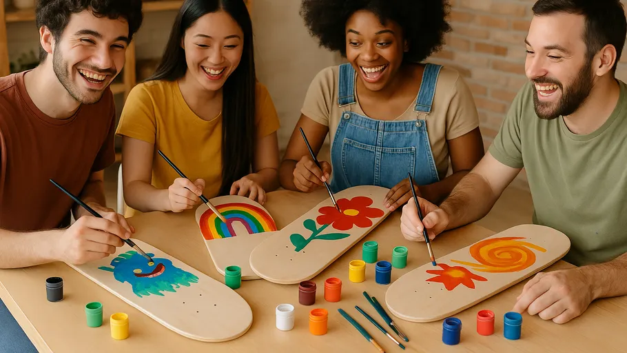 Four people painting skateboards at a table.