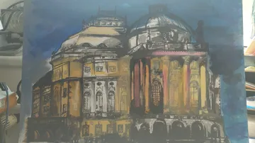 Painting of a domed building at night.