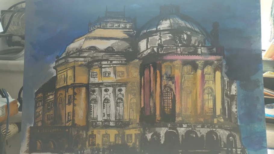 Painting of a domed building at night.