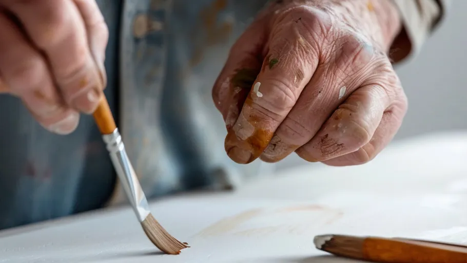 Painter's hands holding a brush on canvas.