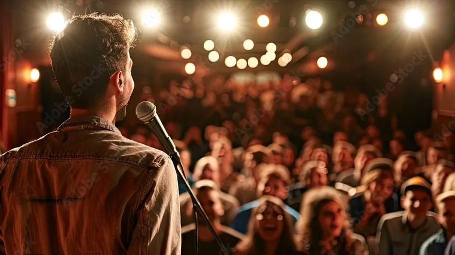 Man speaking on stage, audience watching.