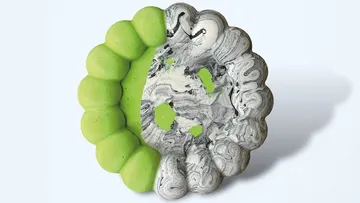 Abstract sculpture, green and marbled design.