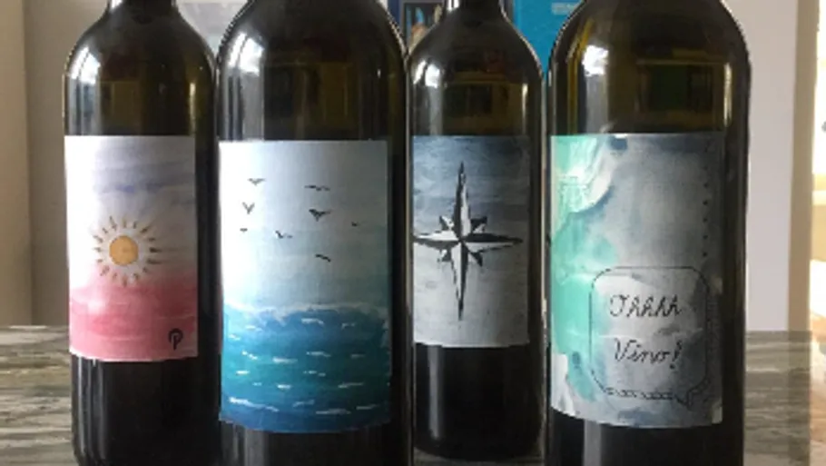 Four wine bottles with artistic labels displayed.