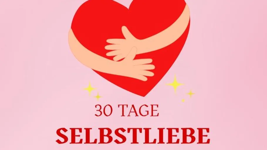 Herz mit Armen umarmt sich, rosafarbener Hintergrund.