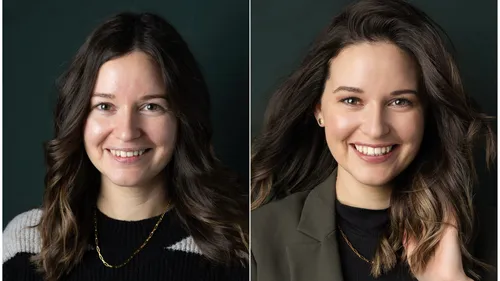 Woman smiling in two separate before-after portraits.