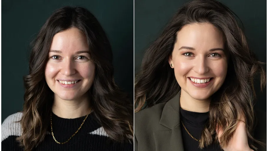 Woman smiling in two separate before-after portraits.