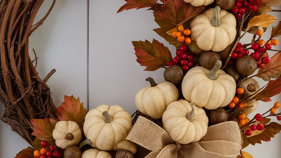 Wreath with pumpkins and fall leaves decor.