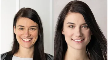 Two women smiling, indoors, headshots.